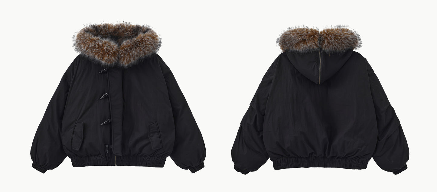 Hooded Padded Jacket With Large Faux Fur Trim