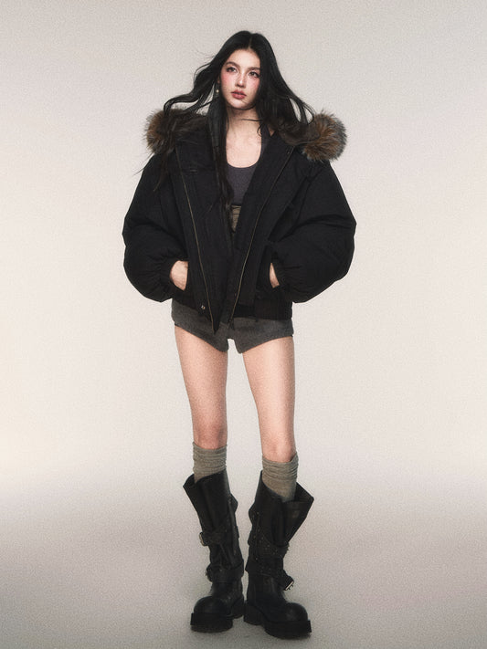 Hooded Padded Jacket With Large Faux Fur Trim