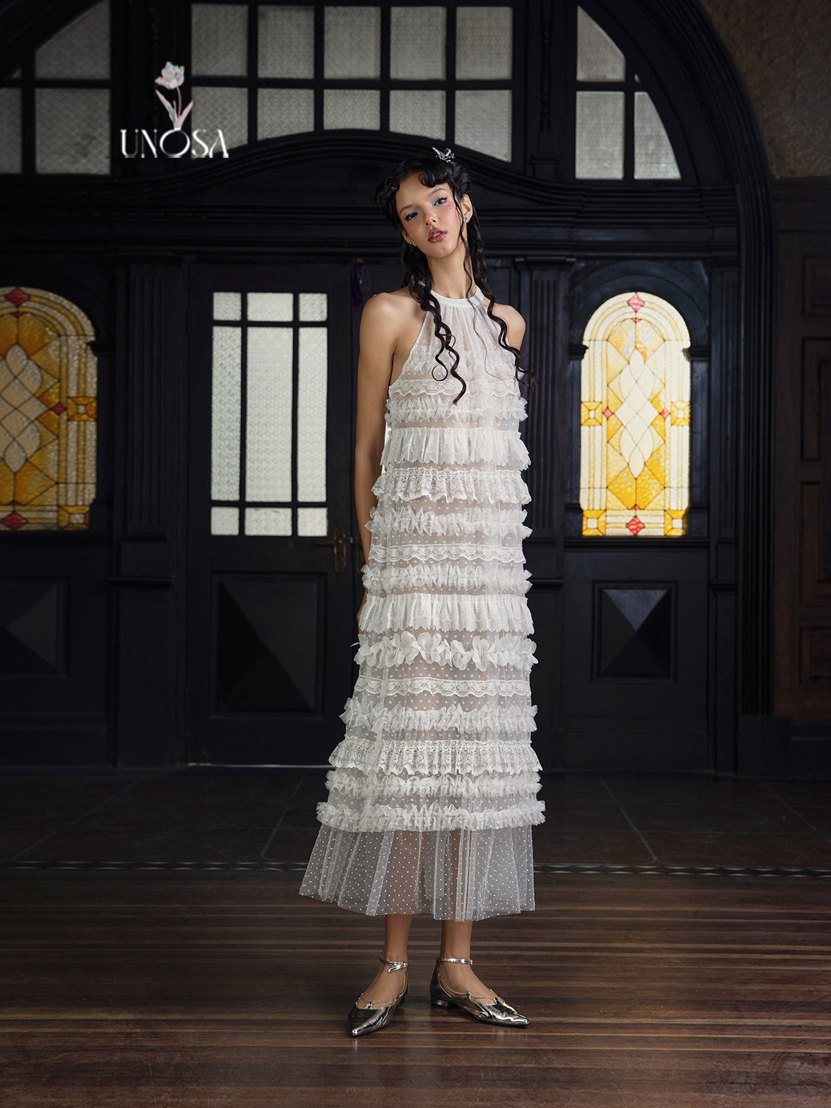 Sheer Lace Sleeveless Tiered Dress