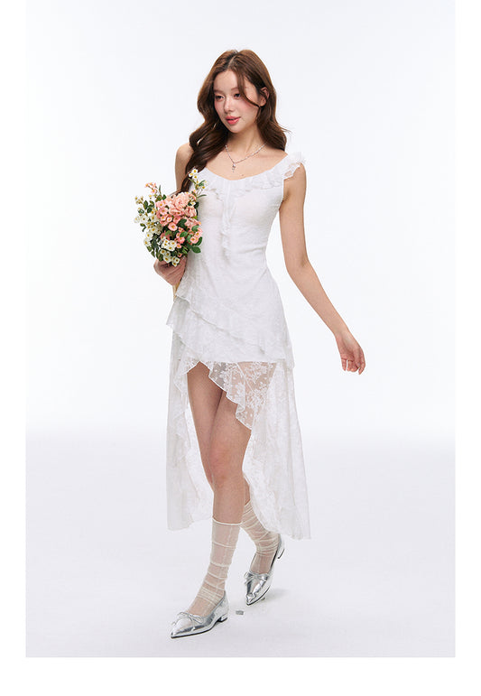 Asymmetric Ruffled Sheer Lace Stretchy Dress