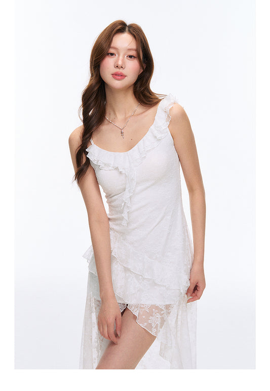 Asymmetric Ruffled Sheer Lace Stretchy Dress