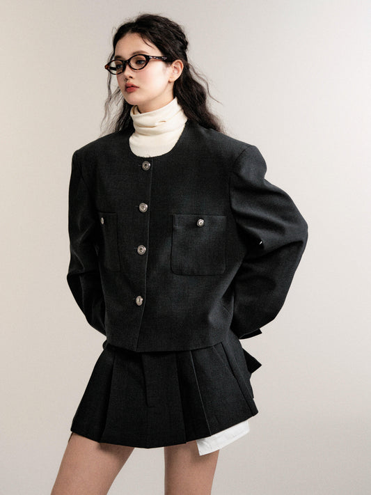 Raw Edge Casual Jacket And Pleated Mini Skirt