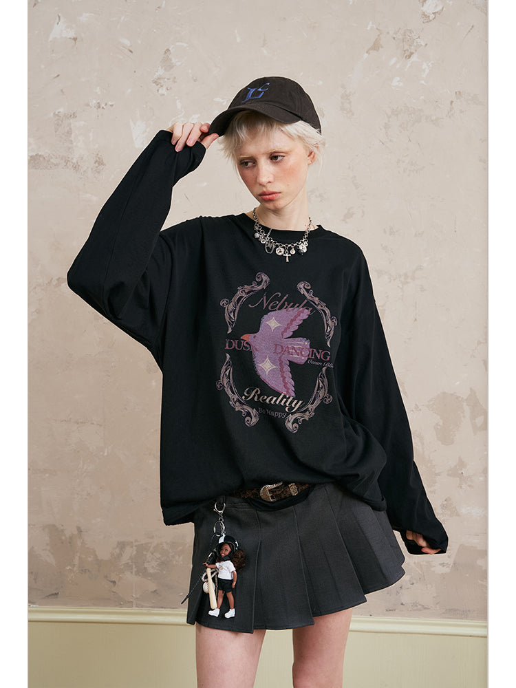 Oversized Flying Swallow Print T-Shirt