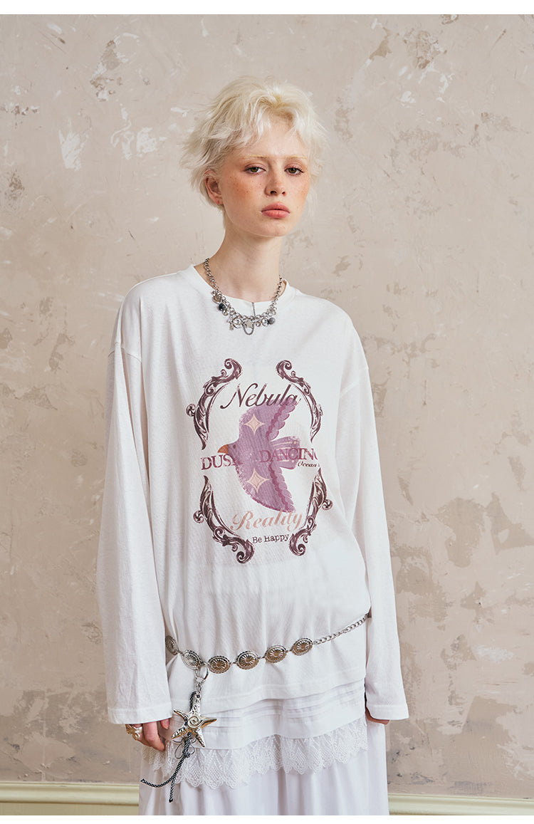 Oversized Flying Swallow Print T-Shirt