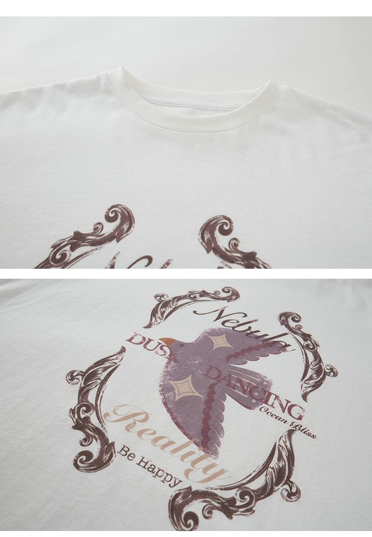 Oversized Flying Swallow Print T-Shirt
