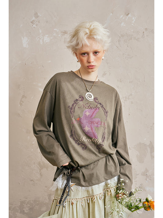 Oversized Flying Swallow Print T-Shirt