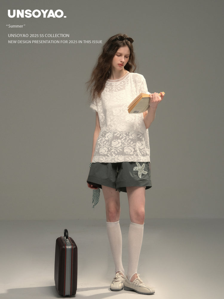 Sheer Floral Jacquard Lace T-Shirt