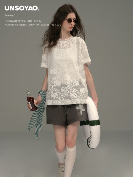 Sheer Floral Jacquard Lace T-Shirt