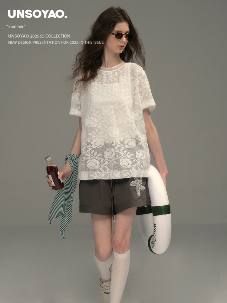 Sheer Floral Jacquard Lace T-Shirt