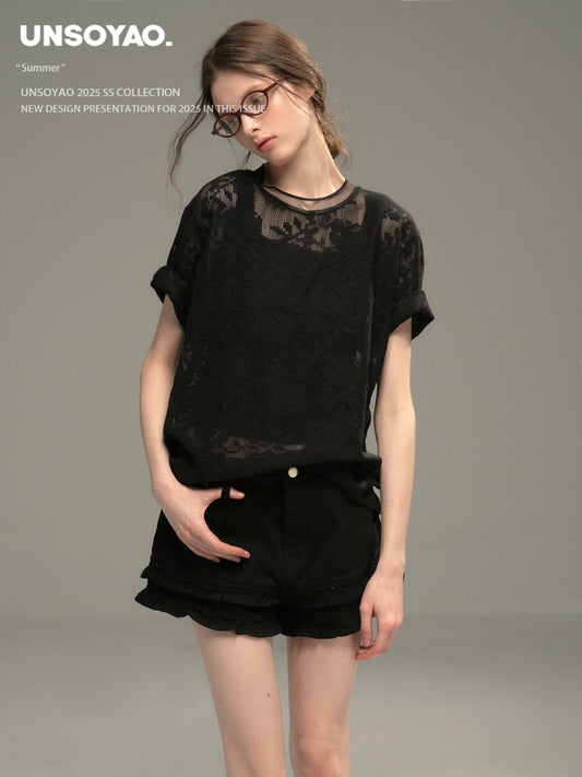 Sheer Floral Jacquard Lace T-Shirt