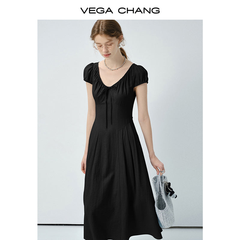 Puff-Sleeve Dress With Gathered Drawstring Neckline