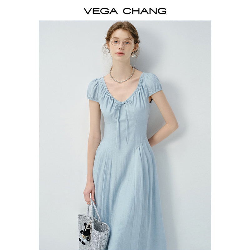 Puff-Sleeve Dress With Gathered Drawstring Neckline