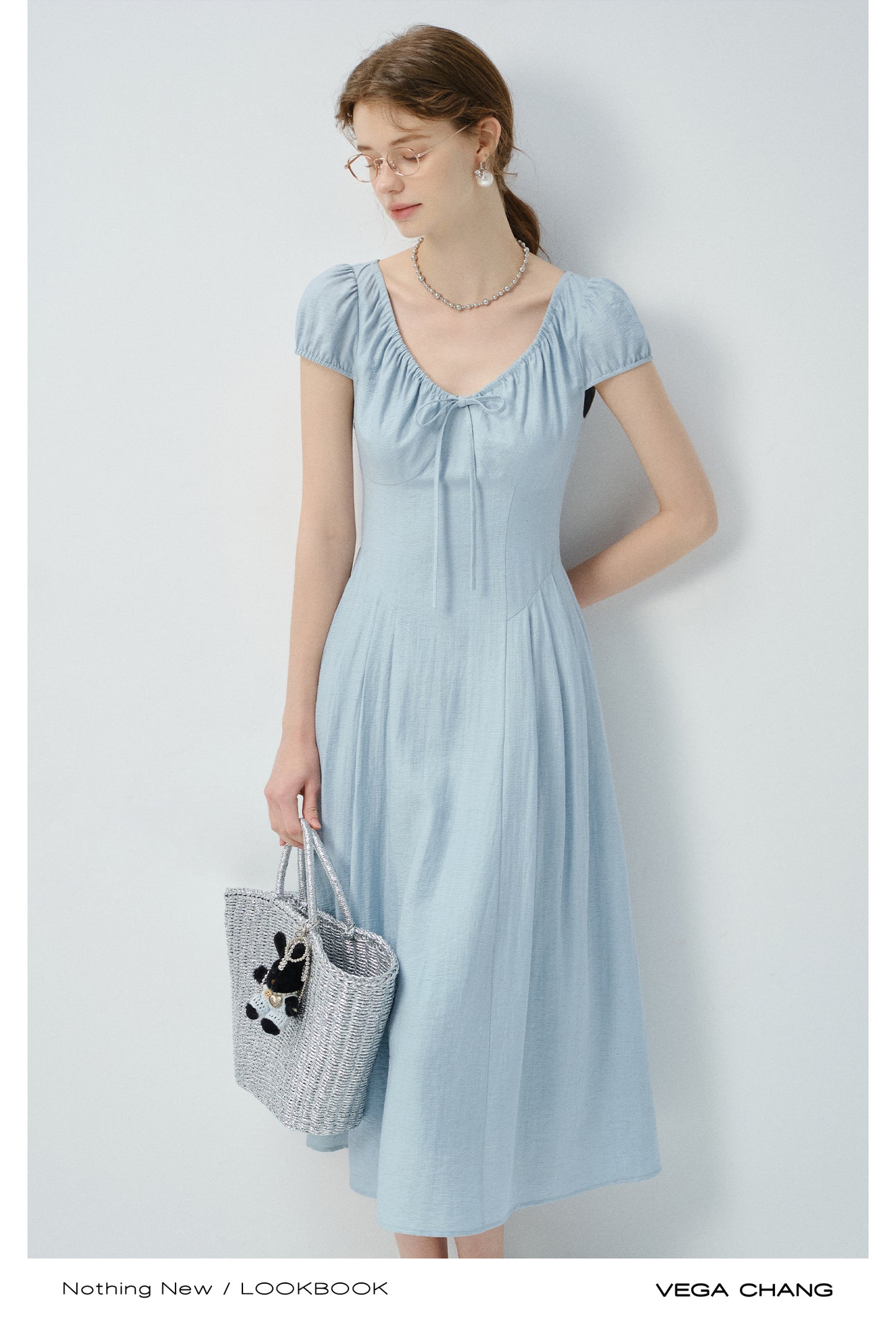 Puff-Sleeve Dress With Gathered Drawstring Neckline