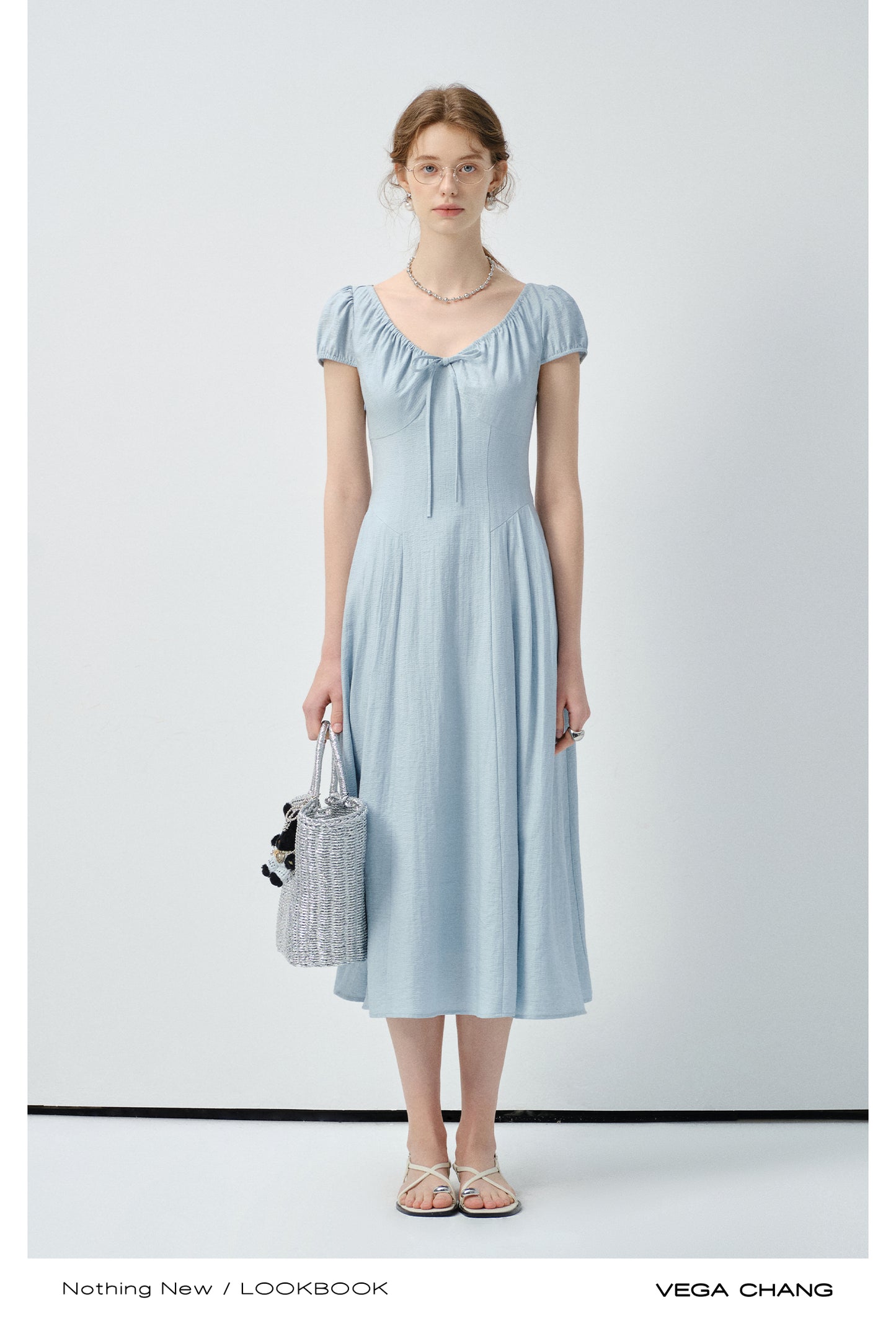 Puff-Sleeve Dress With Gathered Drawstring Neckline