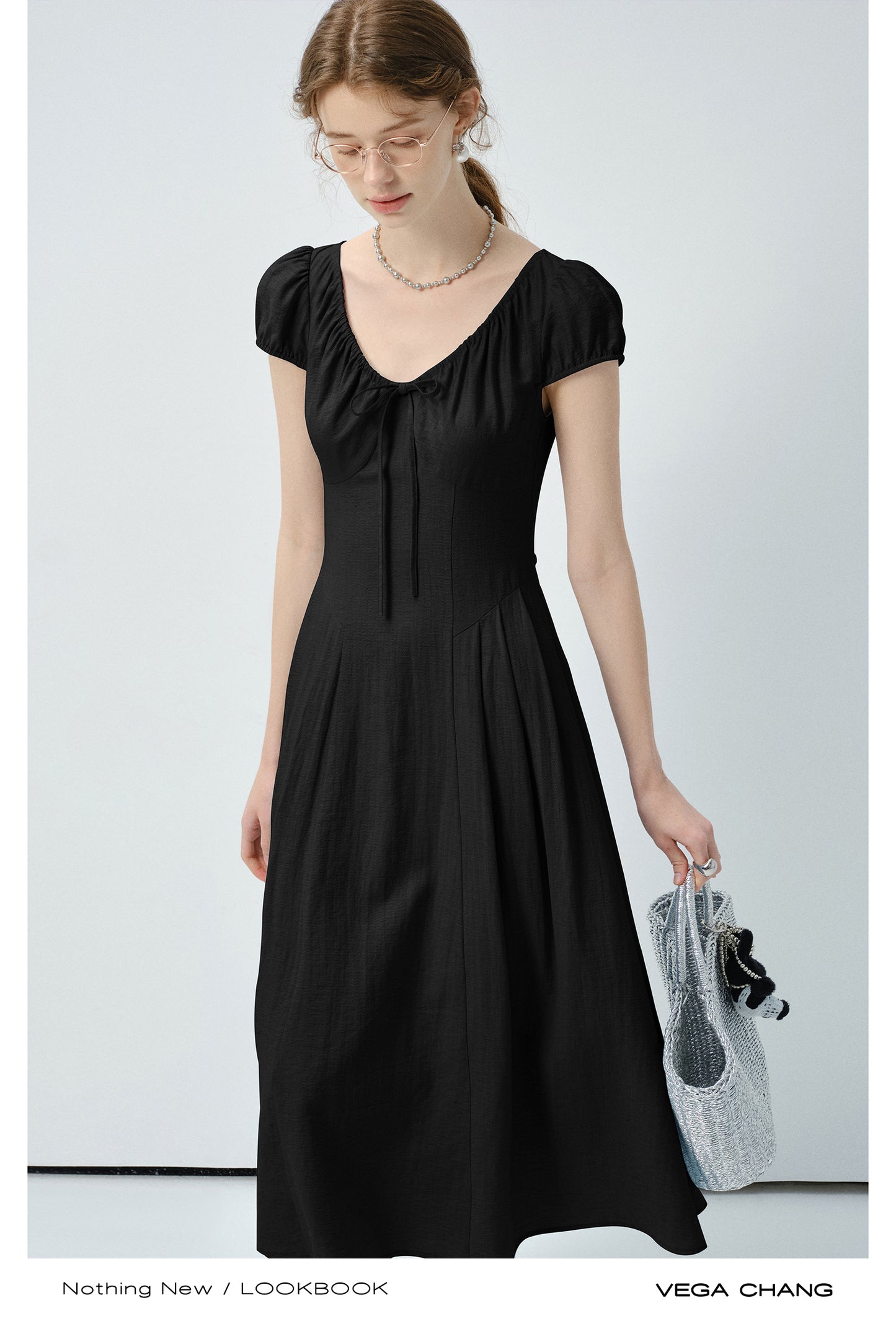 Puff-Sleeve Dress With Gathered Drawstring Neckline