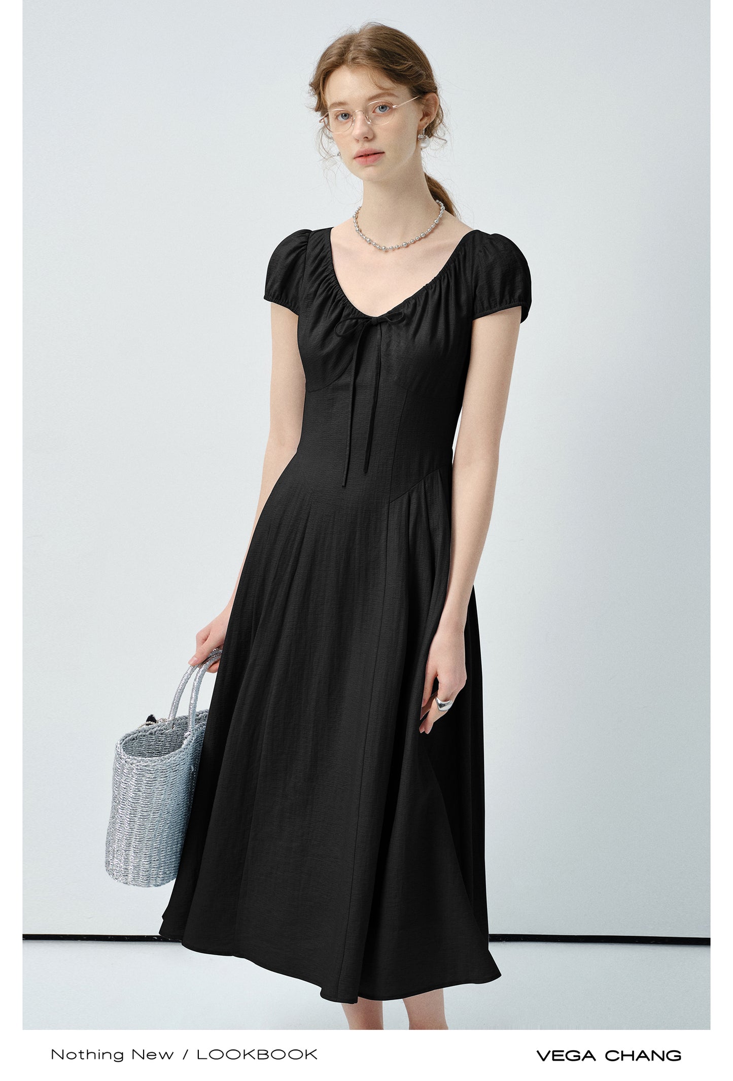 Puff-Sleeve Dress With Gathered Drawstring Neckline