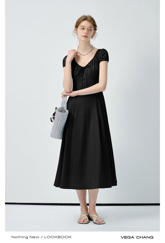 Puff-Sleeve Dress With Gathered Drawstring Neckline