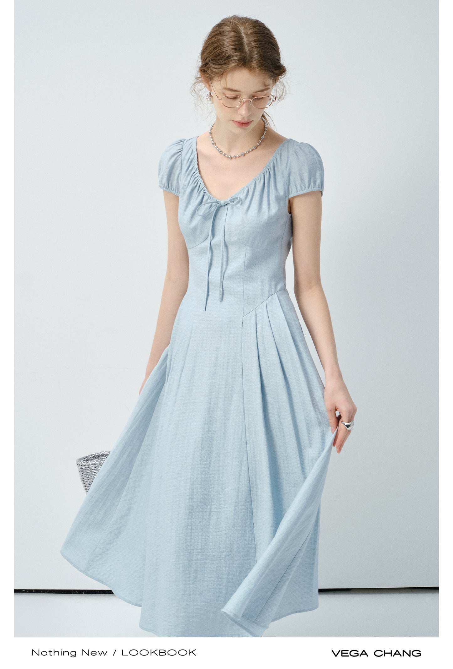 Puff-Sleeve Dress With Gathered Drawstring Neckline