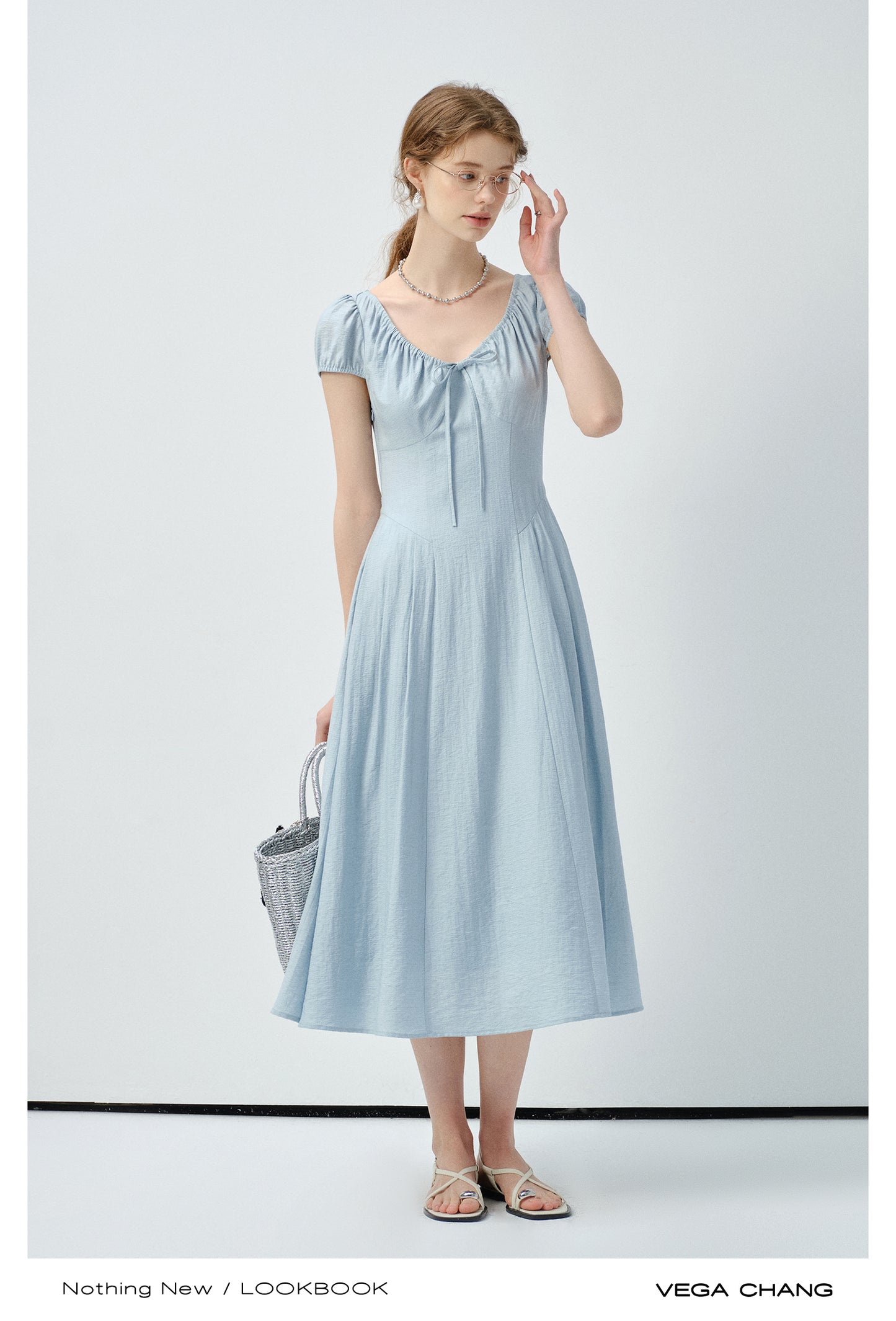 Puff-Sleeve Dress With Gathered Drawstring Neckline
