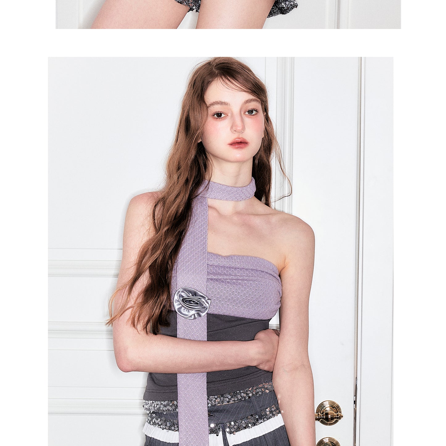 Two-Tone Sequin Tube Top With Flower Scarf