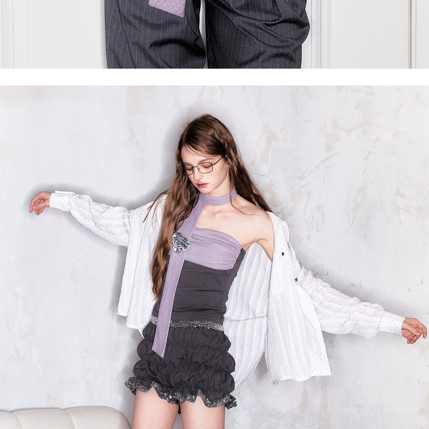 Two-Tone Sequin Tube Top With Flower Scarf