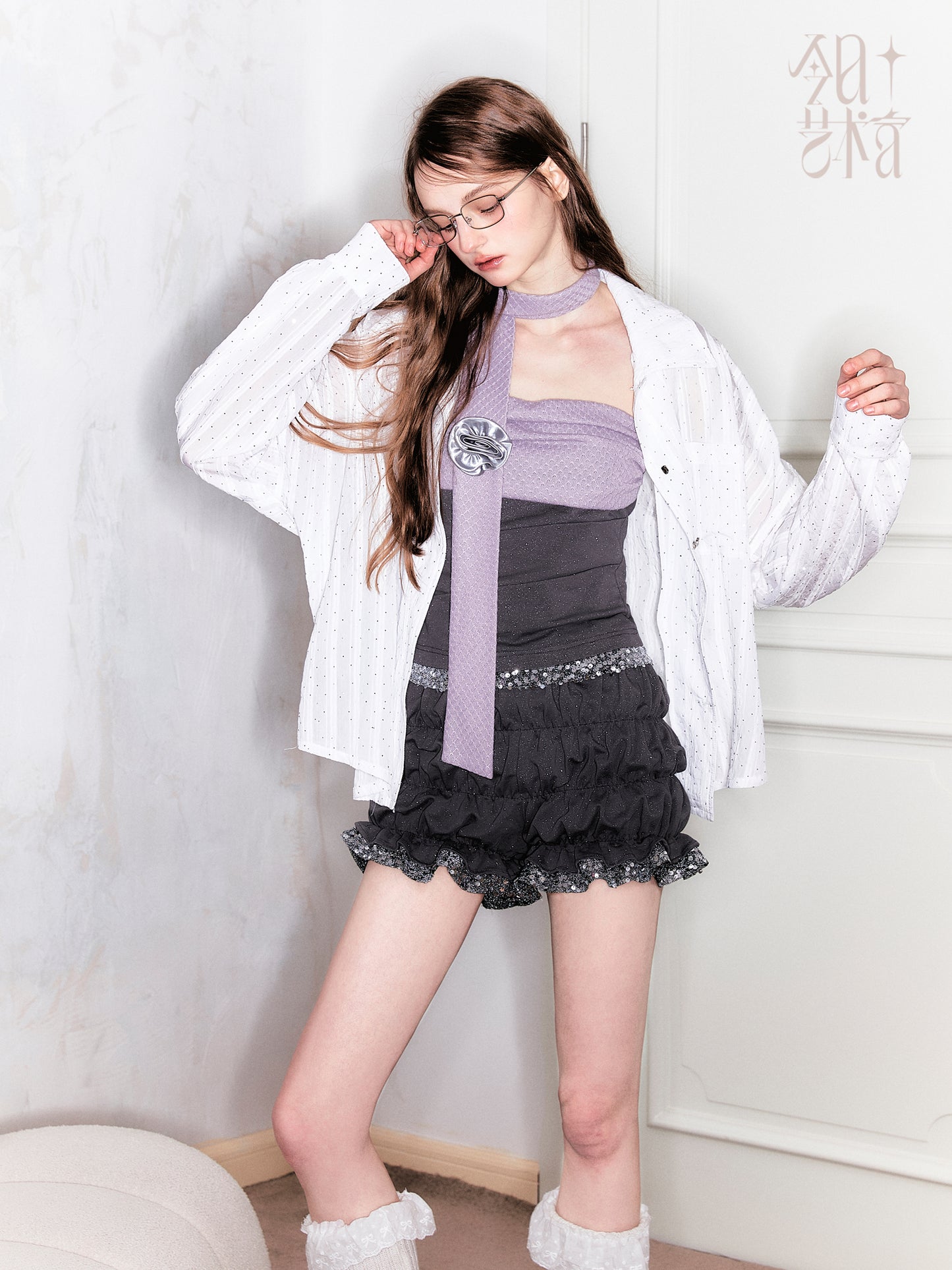 Two-Tone Sequin Tube Top With Flower Scarf