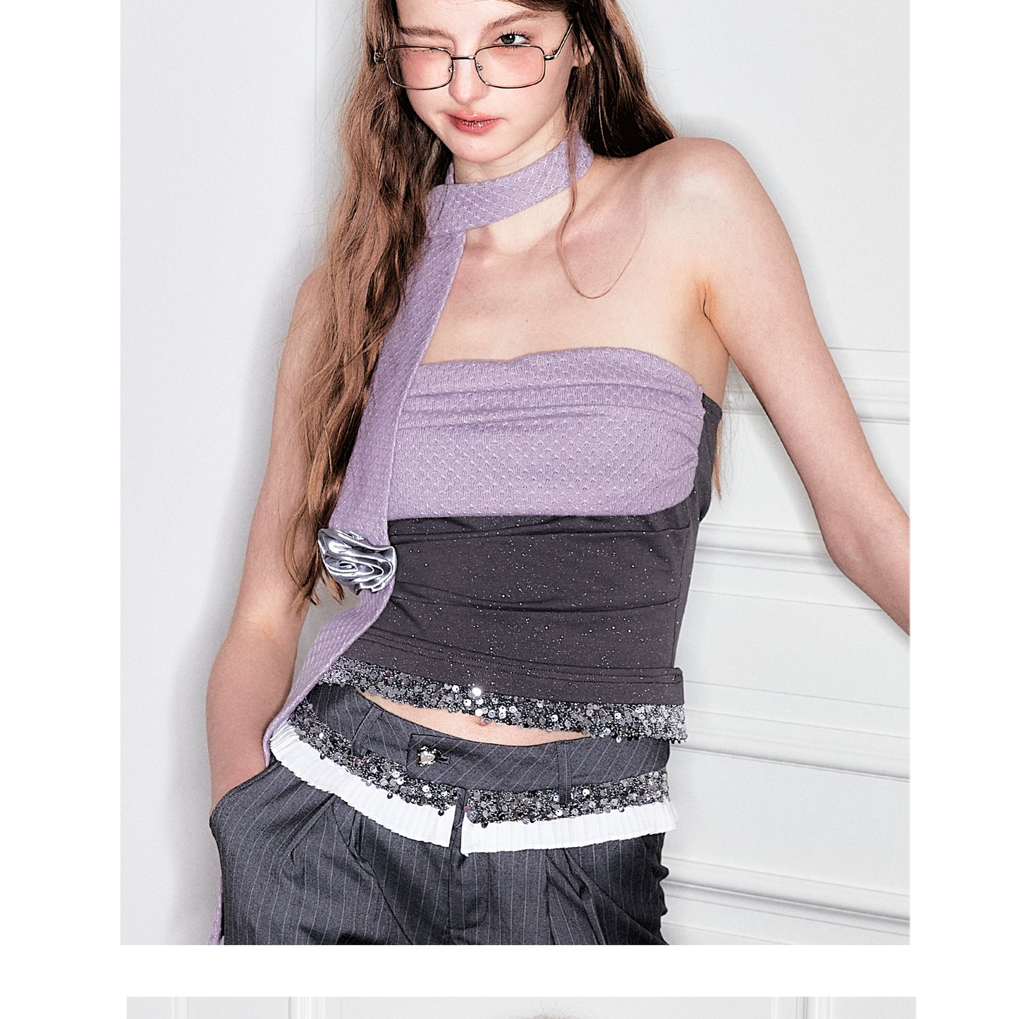 Two-Tone Sequin Tube Top With Flower Scarf