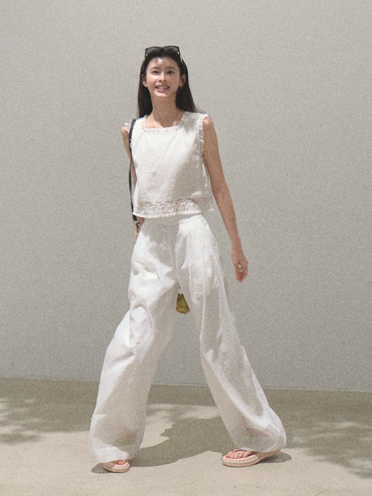 Lace Trimmed Sleeveless Linen Blend Top