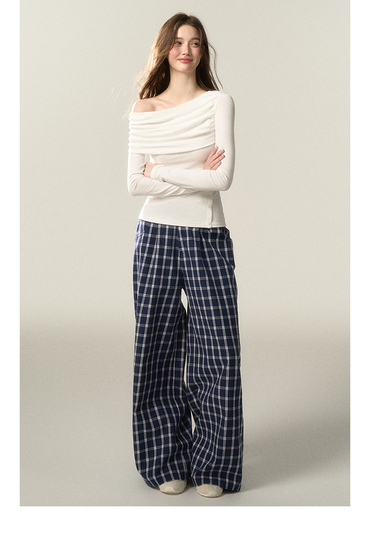 Low-Rise Relaxed Plaid Wide-Leg Pants