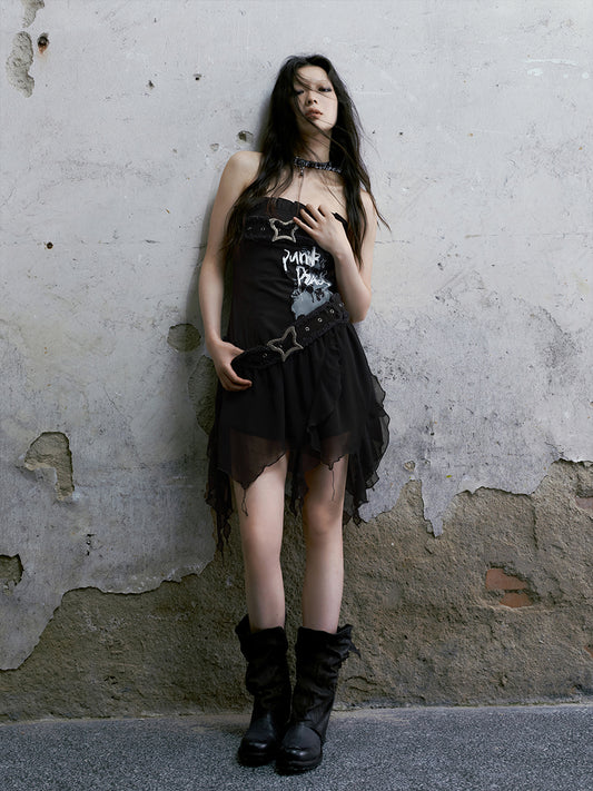 Graffiti Tube Dress With Butterfly Buckle Belt