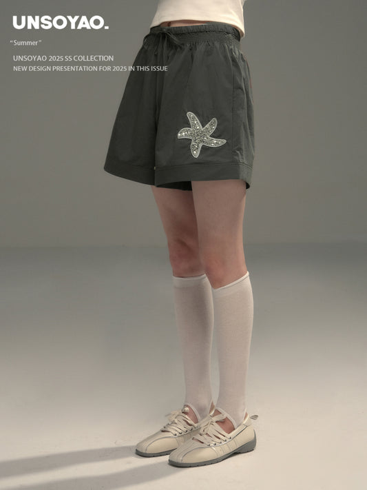 Sequin Starfish Patch Cotton Shorts