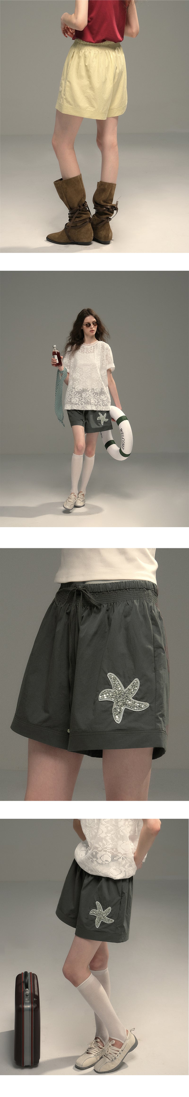 Sequin Starfish Patch Cotton Shorts