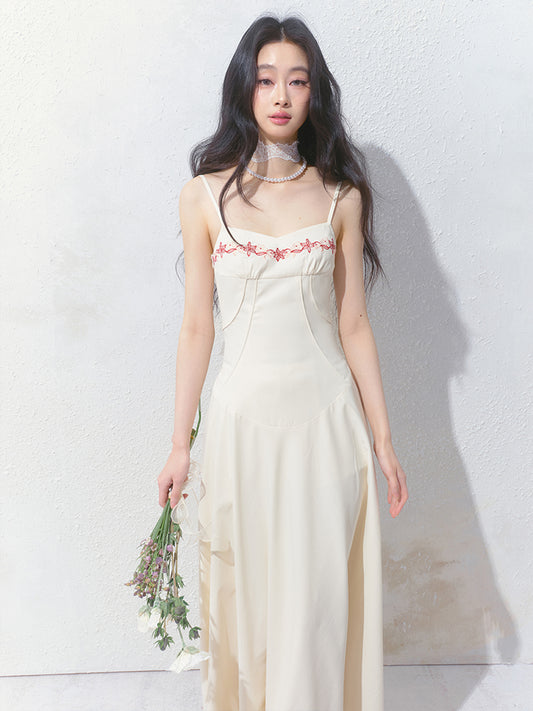 Floral Embroidered Cami Dress With Tucked Detail