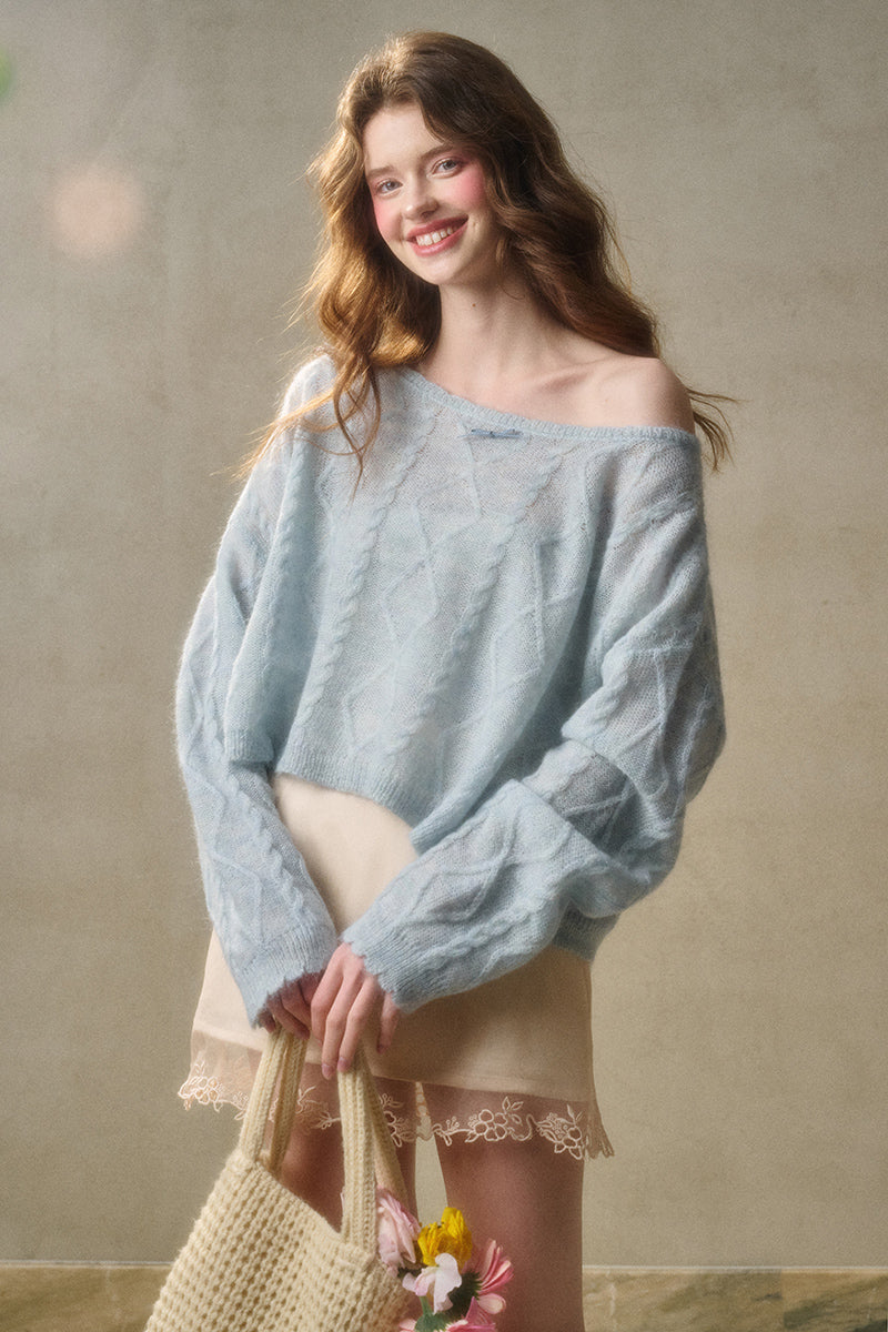 Relaxed Fit Wool Blend Diamond Cable Knit Sweater
