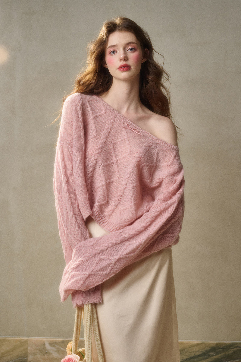 Relaxed Fit Wool Blend Diamond Cable Knit Sweater