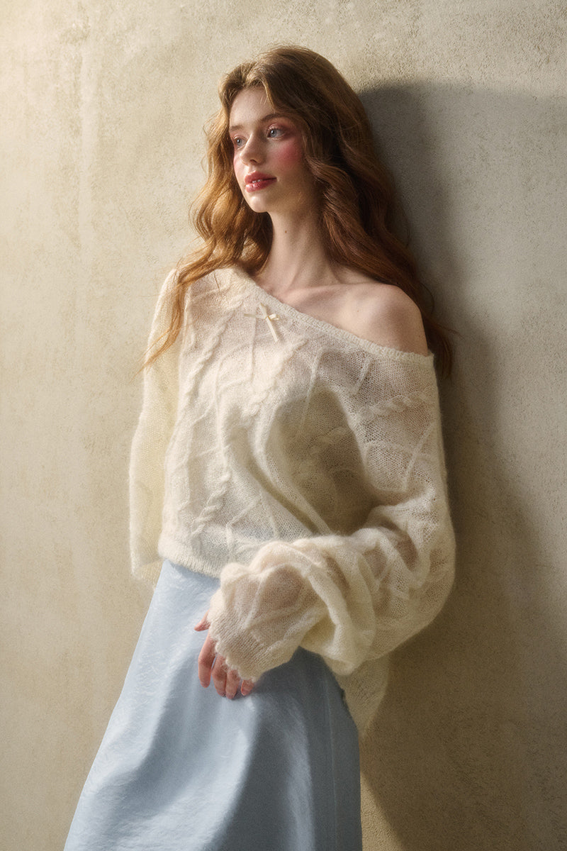Relaxed Fit Wool Blend Diamond Cable Knit Sweater