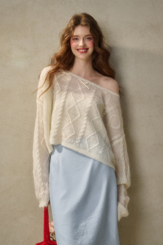 Relaxed Fit Wool Blend Diamond Cable Knit Sweater