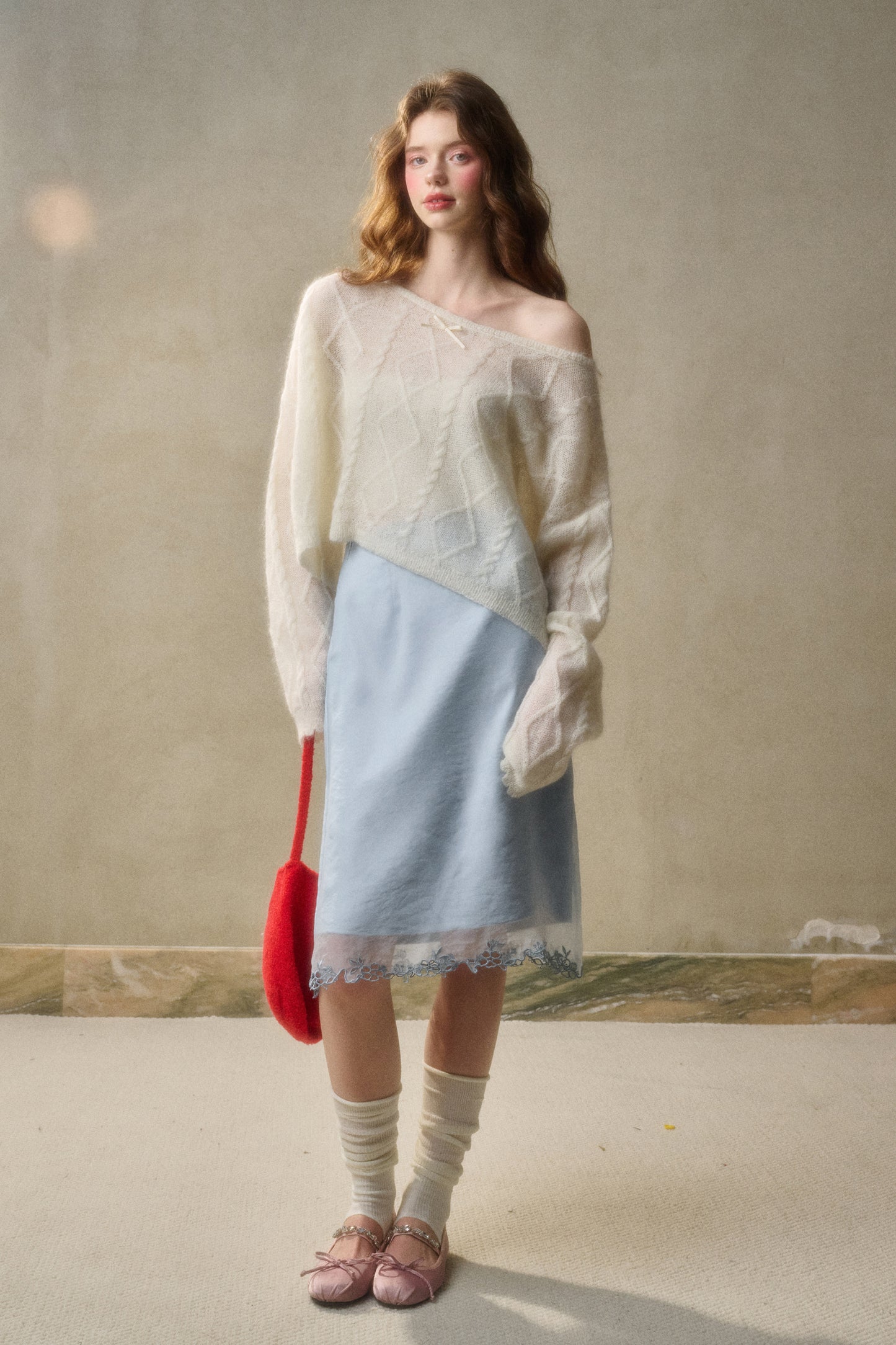 Relaxed Fit Wool Blend Diamond Cable Knit Sweater
