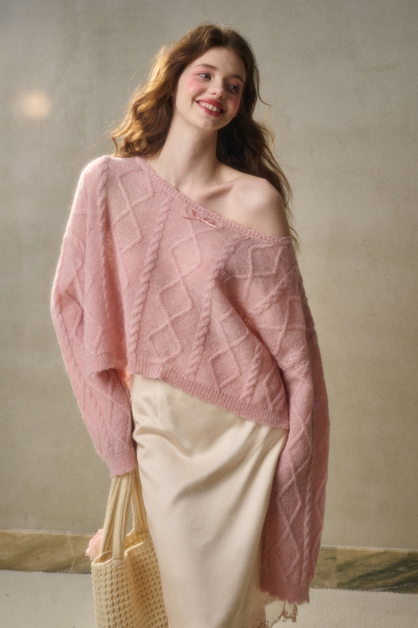Relaxed Fit Wool Blend Diamond Cable Knit Sweater