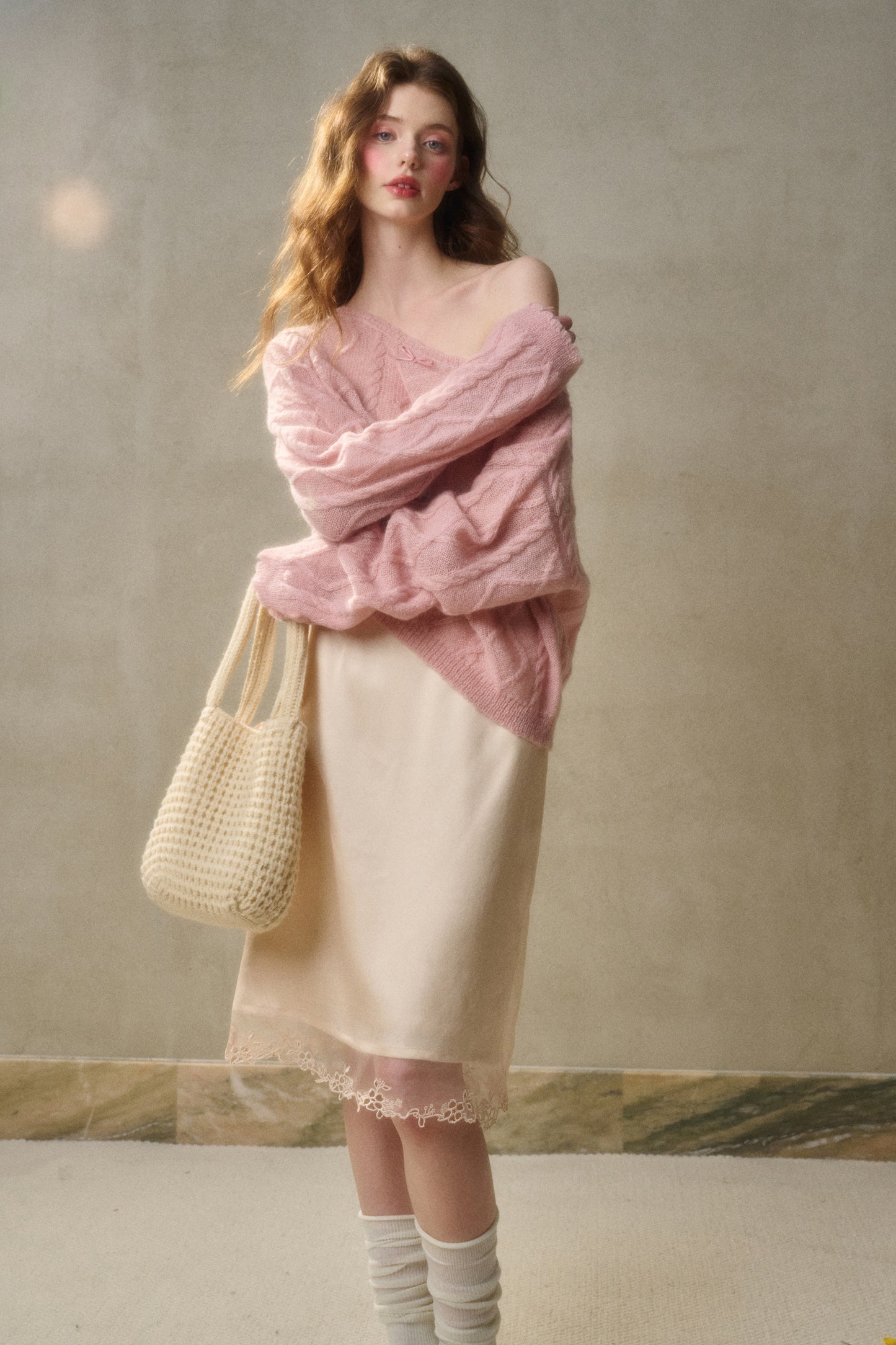 Relaxed Fit Wool Blend Diamond Cable Knit Sweater
