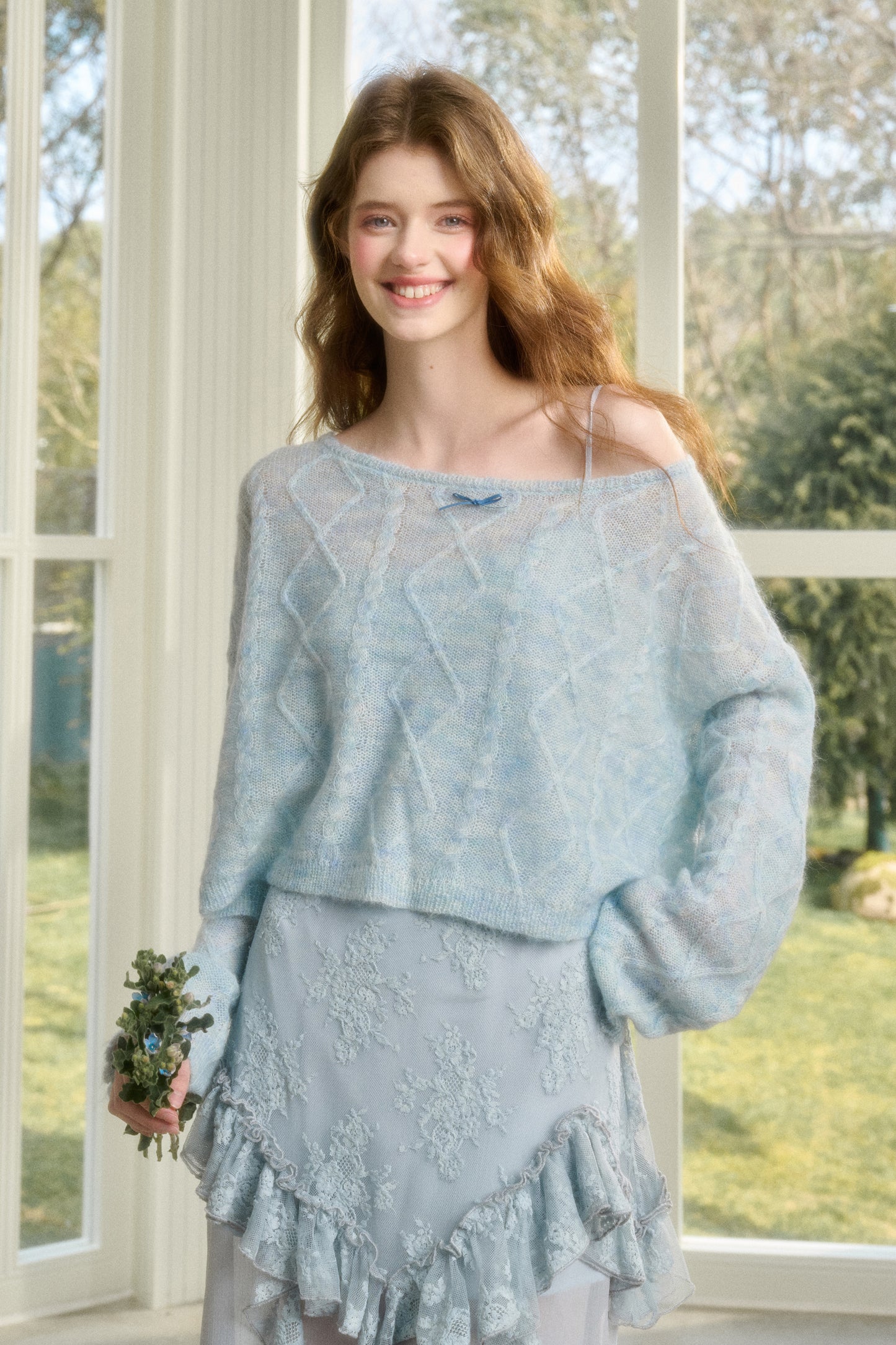 Relaxed Fit Wool Blend Diamond Cable Knit Sweater