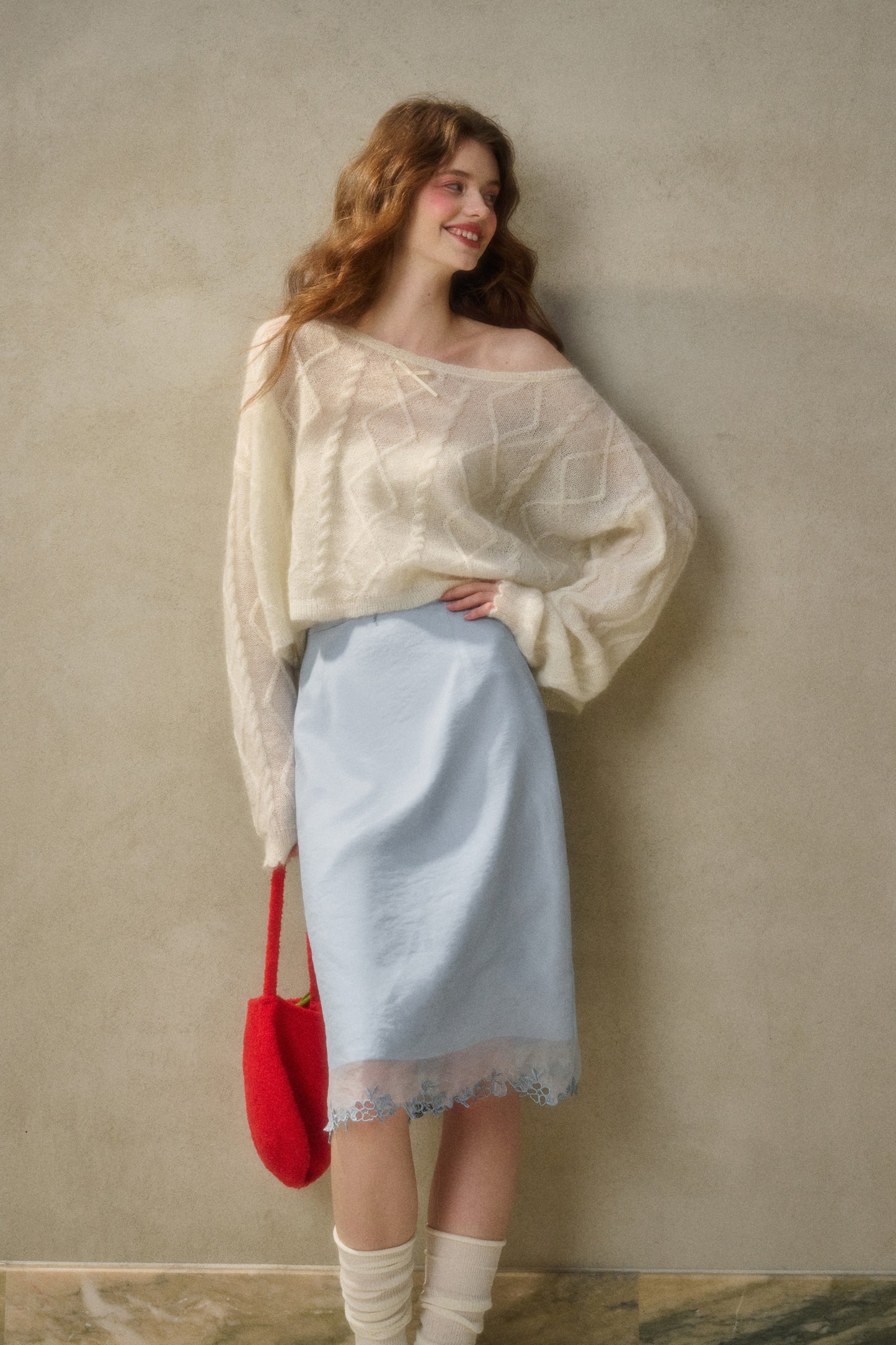 Relaxed Fit Wool Blend Diamond Cable Knit Sweater