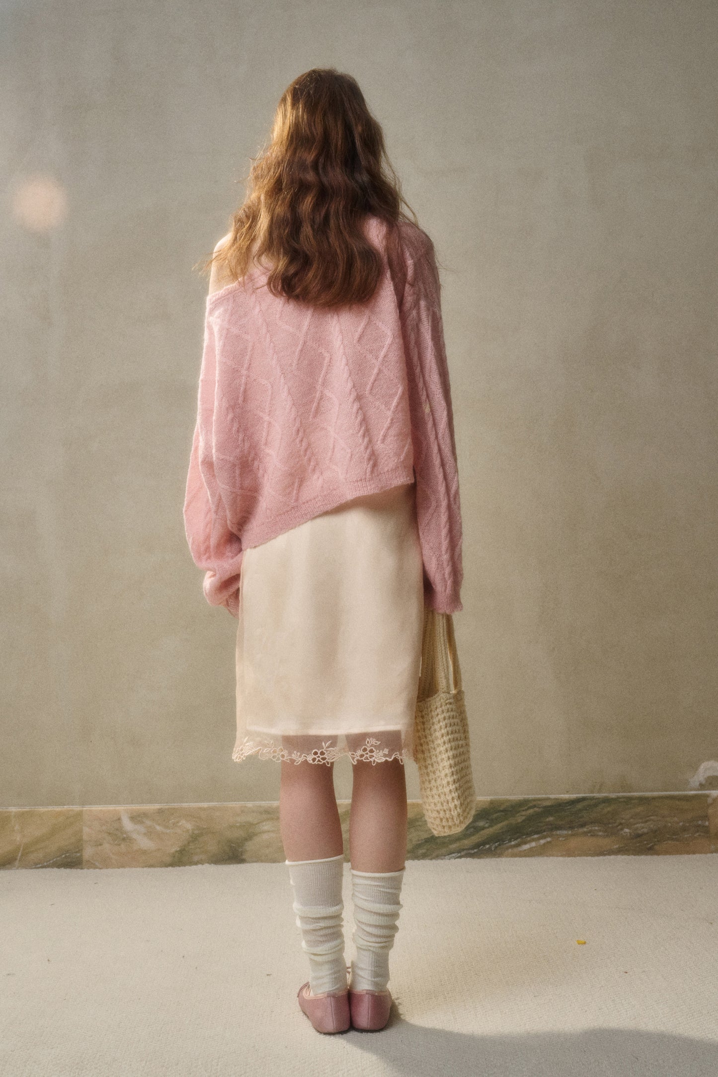 Relaxed Fit Wool Blend Diamond Cable Knit Sweater