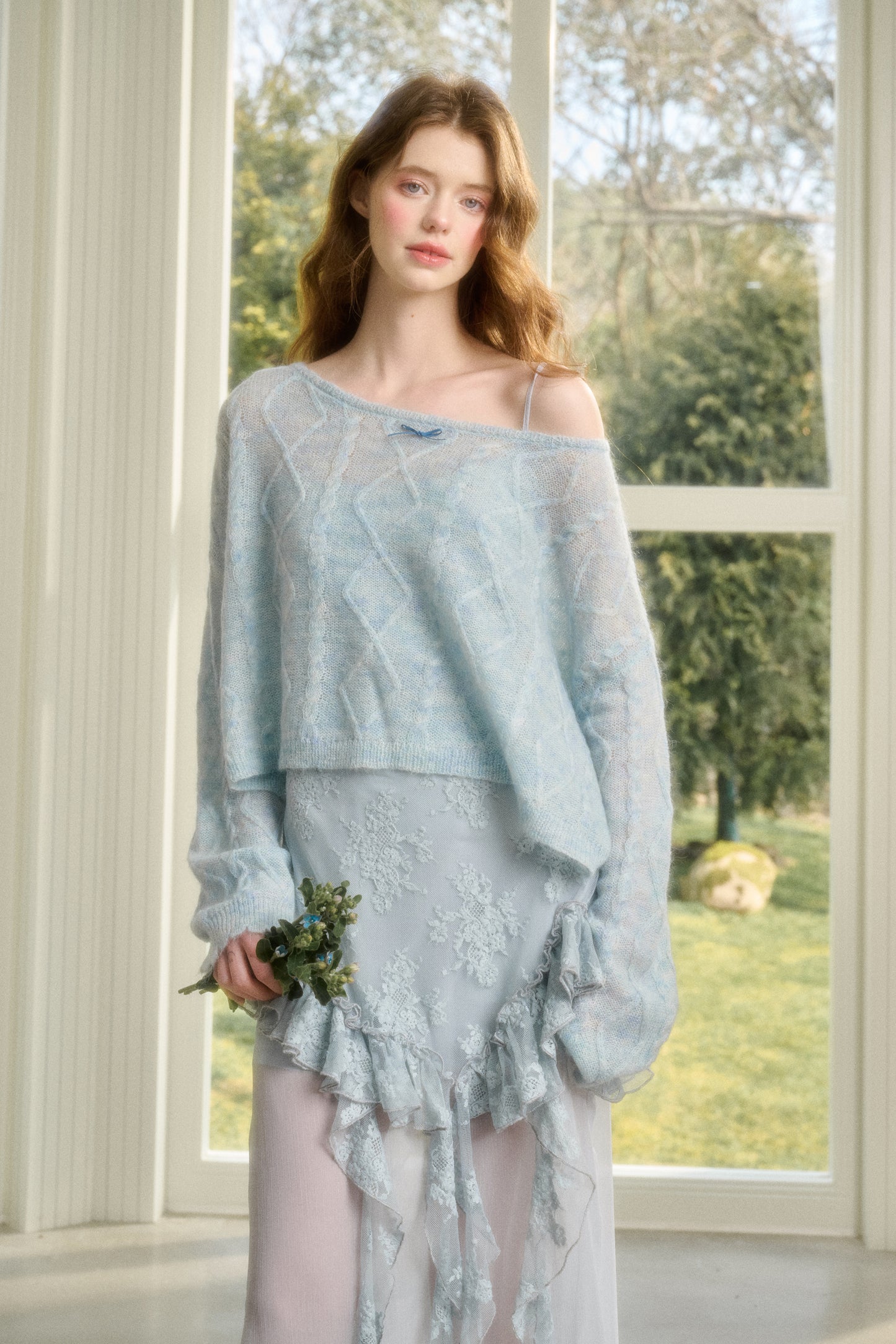 Relaxed Fit Wool Blend Diamond Cable Knit Sweater