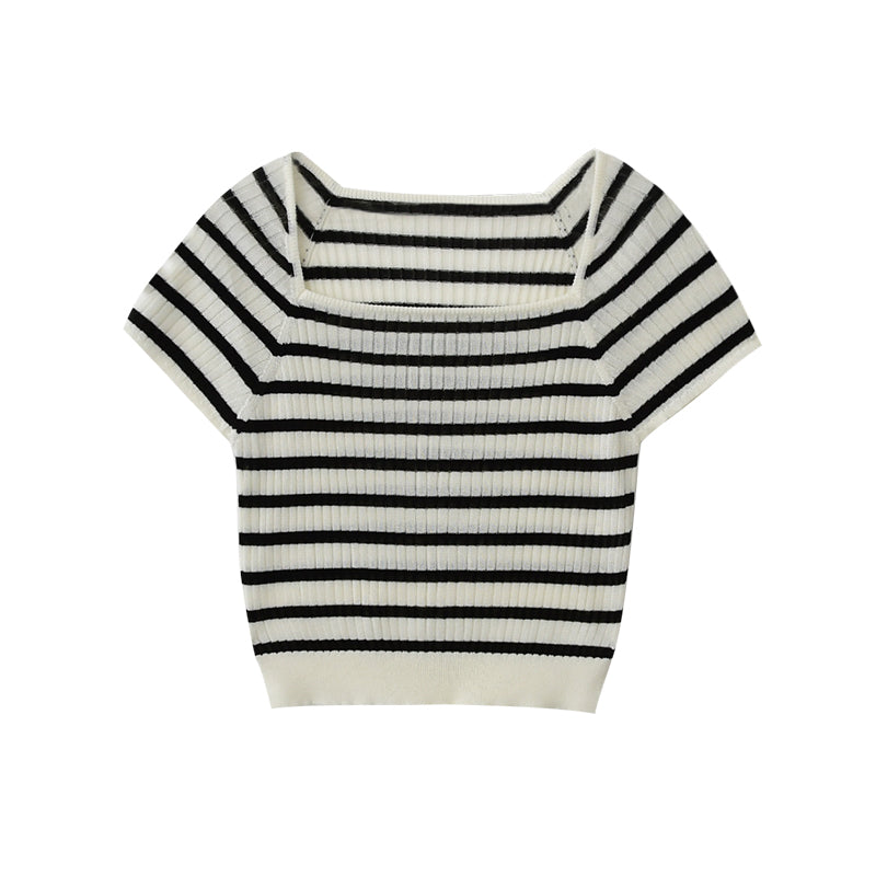 Striped Square-Neck Knit Top With Back Ribbon Tie