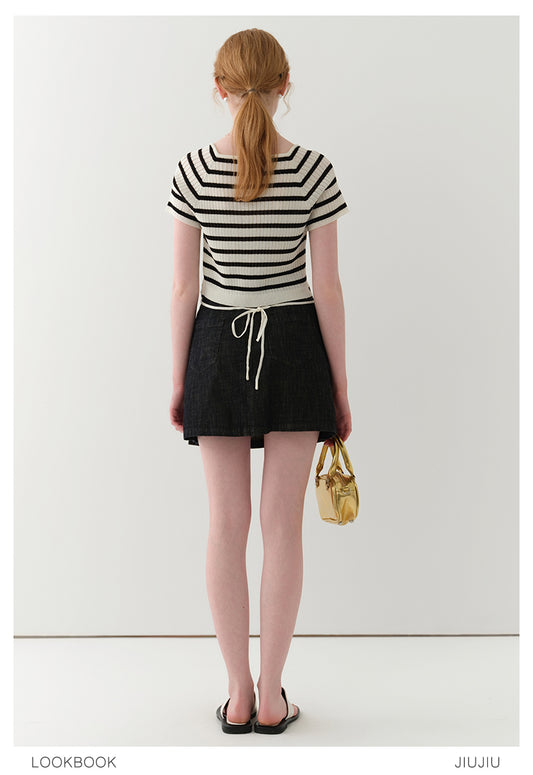 Striped Square-Neck Knit Top With Back Ribbon Tie