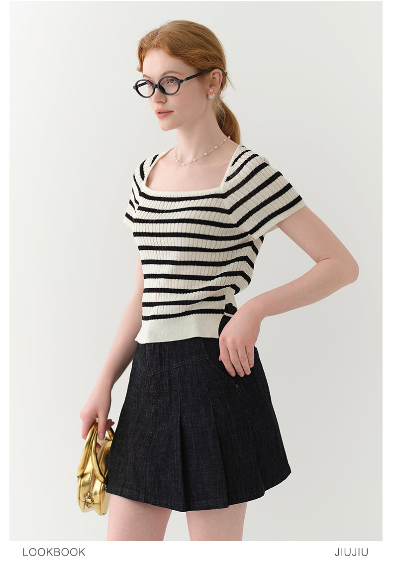 Striped Square-Neck Knit Top With Back Ribbon Tie