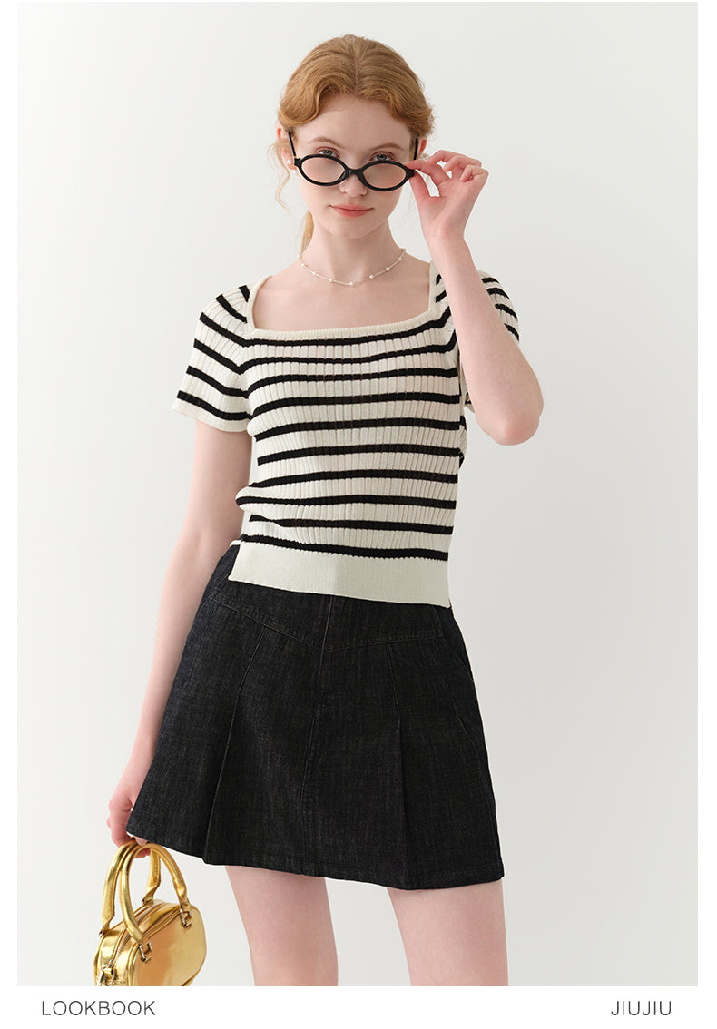 Striped Square-Neck Knit Top With Back Ribbon Tie