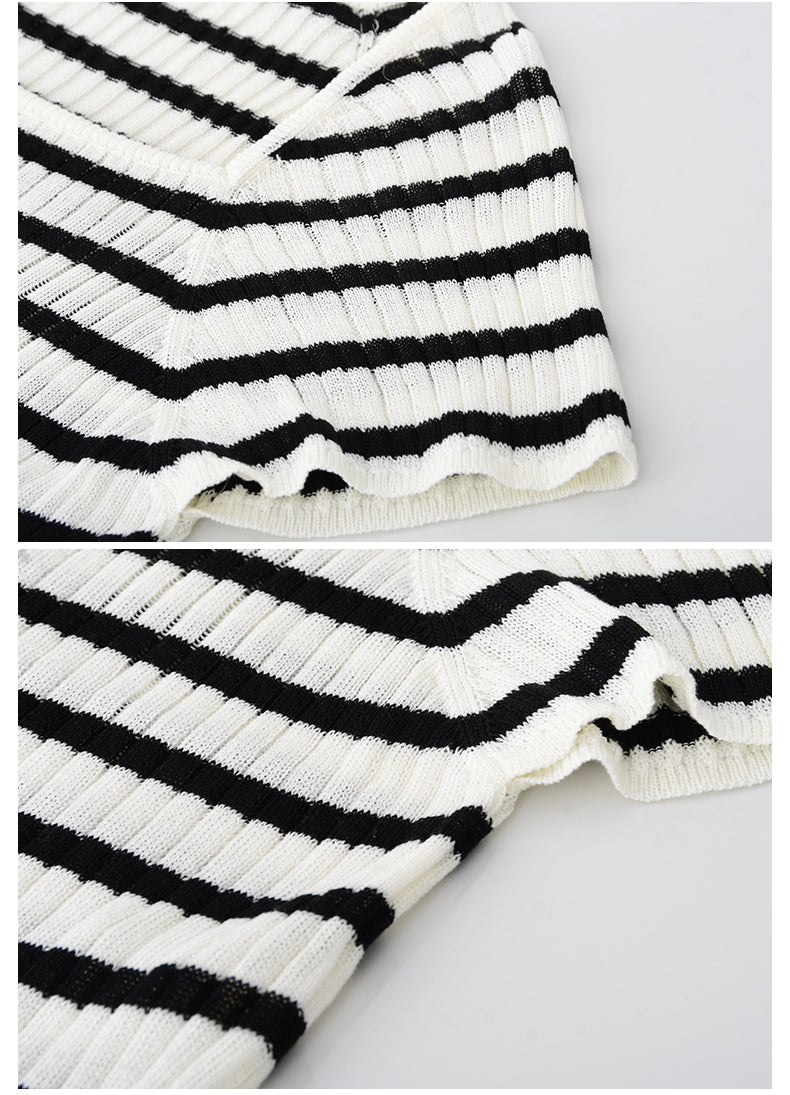 Striped Square-Neck Knit Top With Back Ribbon Tie