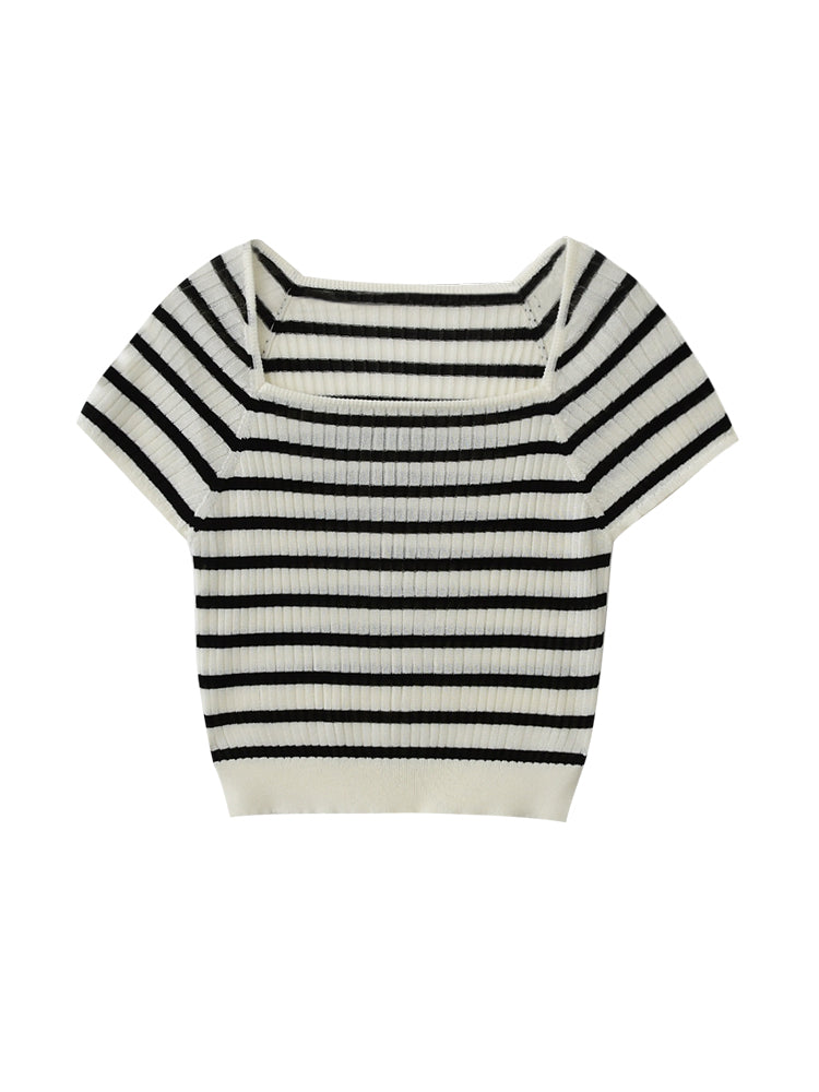 Striped Square-Neck Knit Top With Back Ribbon Tie